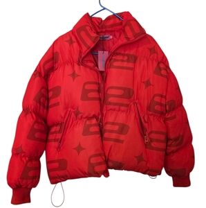 Edikted Red Puffer Jacket XS with Bold Pattern NWT